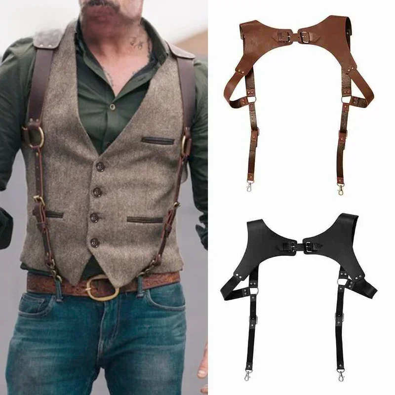 1Pc moda męska szelki Vintage pasek ze sztucznej skóry mężczyźni szelki do pończoch uprząż Punk pas piersiowy na ramię akcesoria odzieżowe — zdjęcie 2