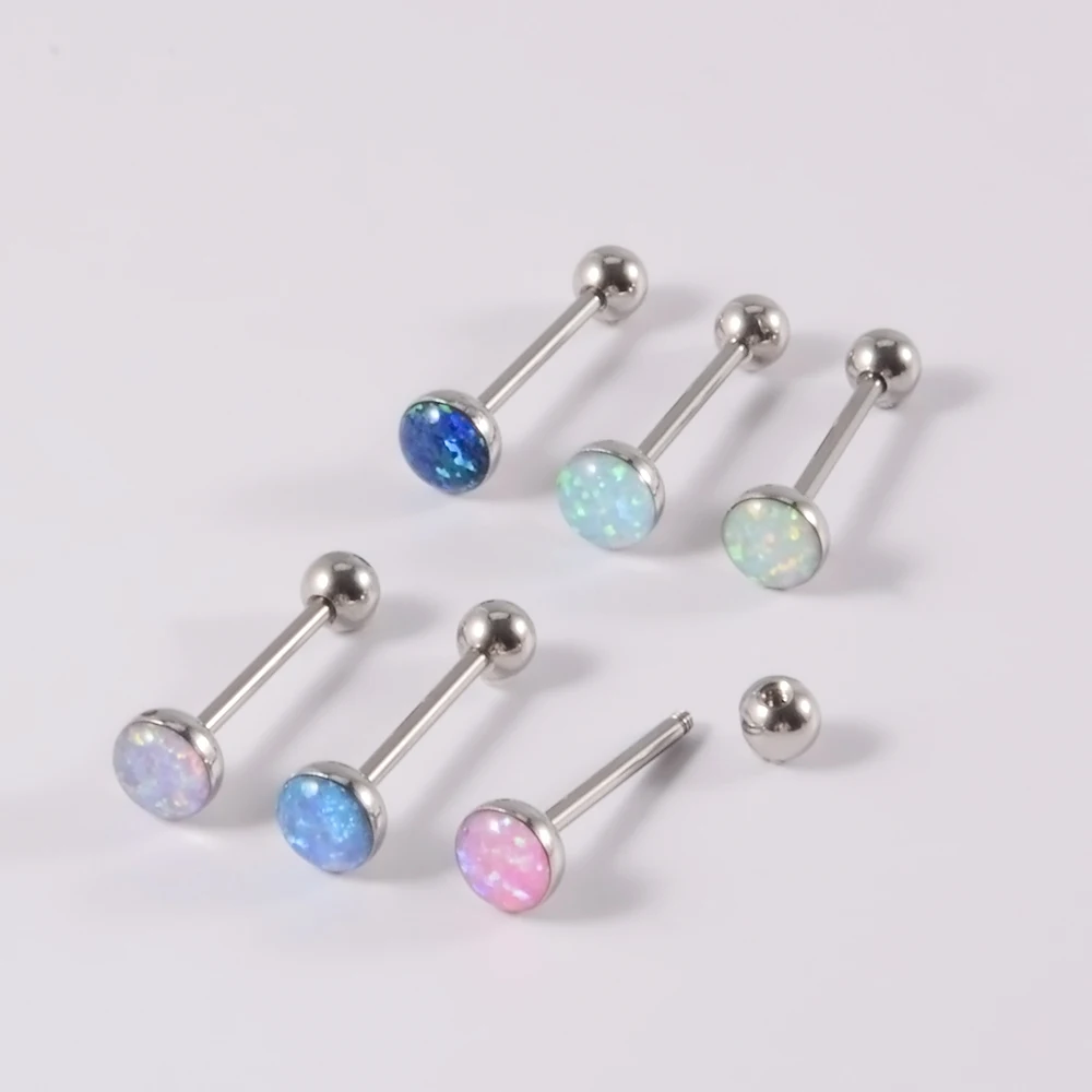 1PC Anti-Allergy Surgical Steel Opal Tongue Barbell Piercings Screw Barbell Tongue Rings Earrings Tragus Piercing Body Jewelry