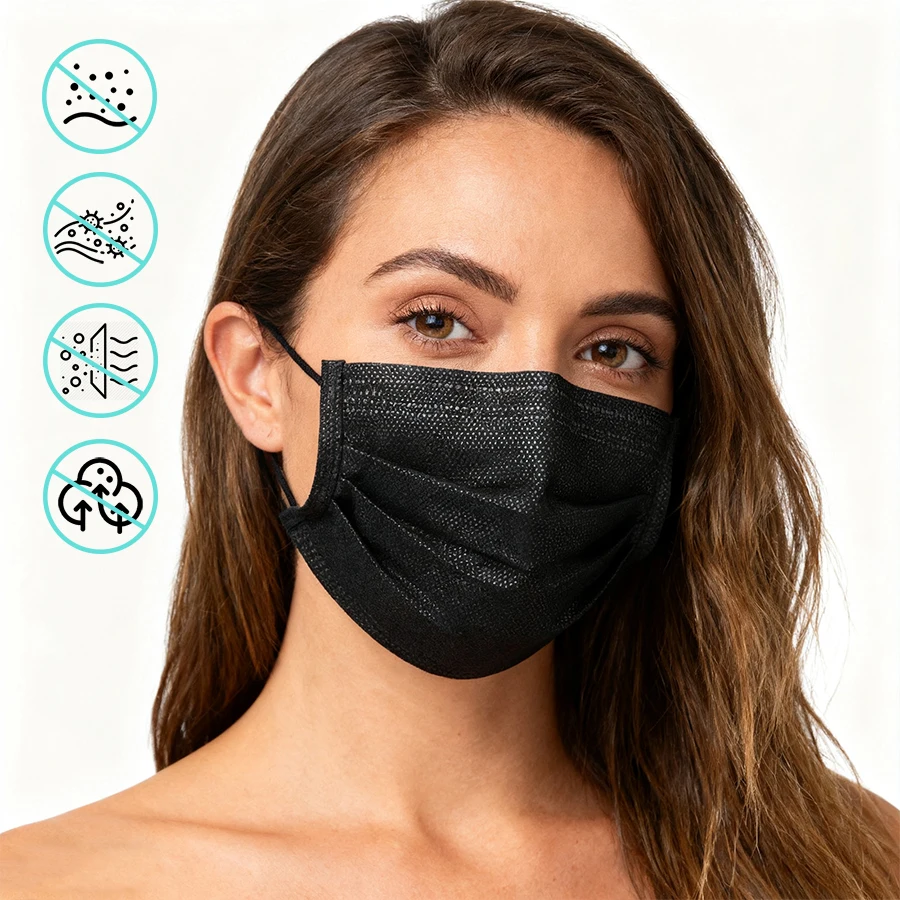 Mascarilla facial negra desechable de 100 piezas: filtración de 3 capas, trabillas cómodas, ideal para ir de compras, deportes, viajes y trabajo