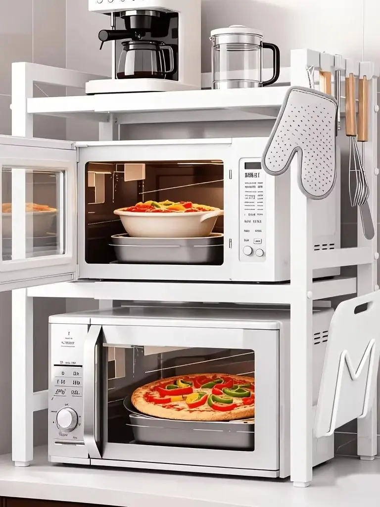 Verstellbares 3-stufiges Küchen-Mikrowellenregal, erweiterbar von 38 cm bis 64 cm, Arbeitsplatten-Organizer mit 6 Haken, Messerhalter, Utensilienkorb und Schneidebretthalter für die Aufbewahrung von