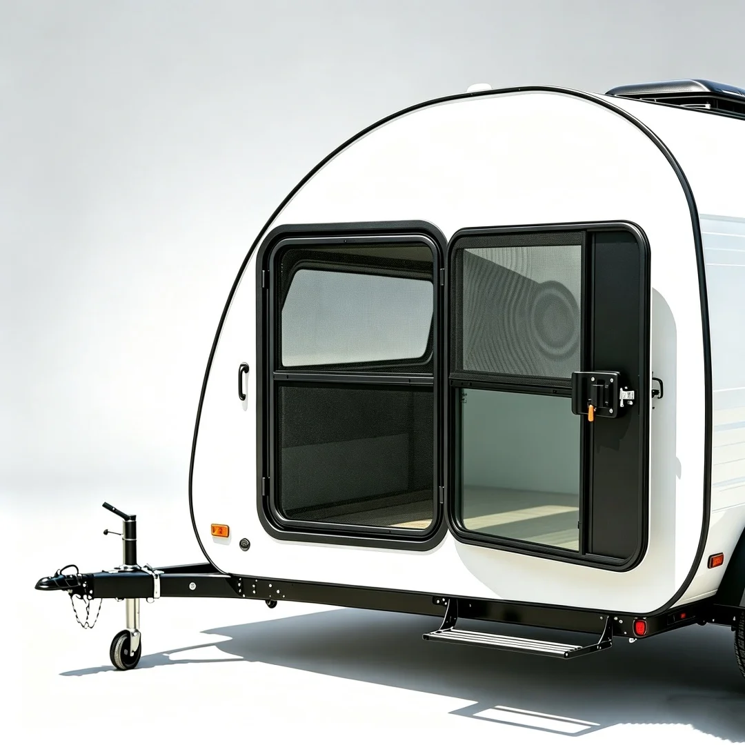 Image of Rechts öffnende Tropfenförmige Wohnmobil-Seitentür 660x910mm, Schwarzes Aluminium, wasserdichte Wohnmobil-Eingangstür, verschiebbares Sichtschutzglas & Insektenschutzgitter, Doppelschloss mit