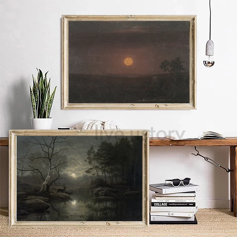 Full Moon Spooky Gothic Wall Art Canvas Print Halloween Home Decoration Vintage Haunted House Painting Moody Wall Pictures