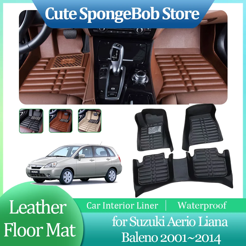 Car Leather Floor Mat for Suzuki Aerio Liana Baleno 2001~2014 2002 Anti-dirty Foot Liner Waterproof Pad Carpet Custom Accessorie