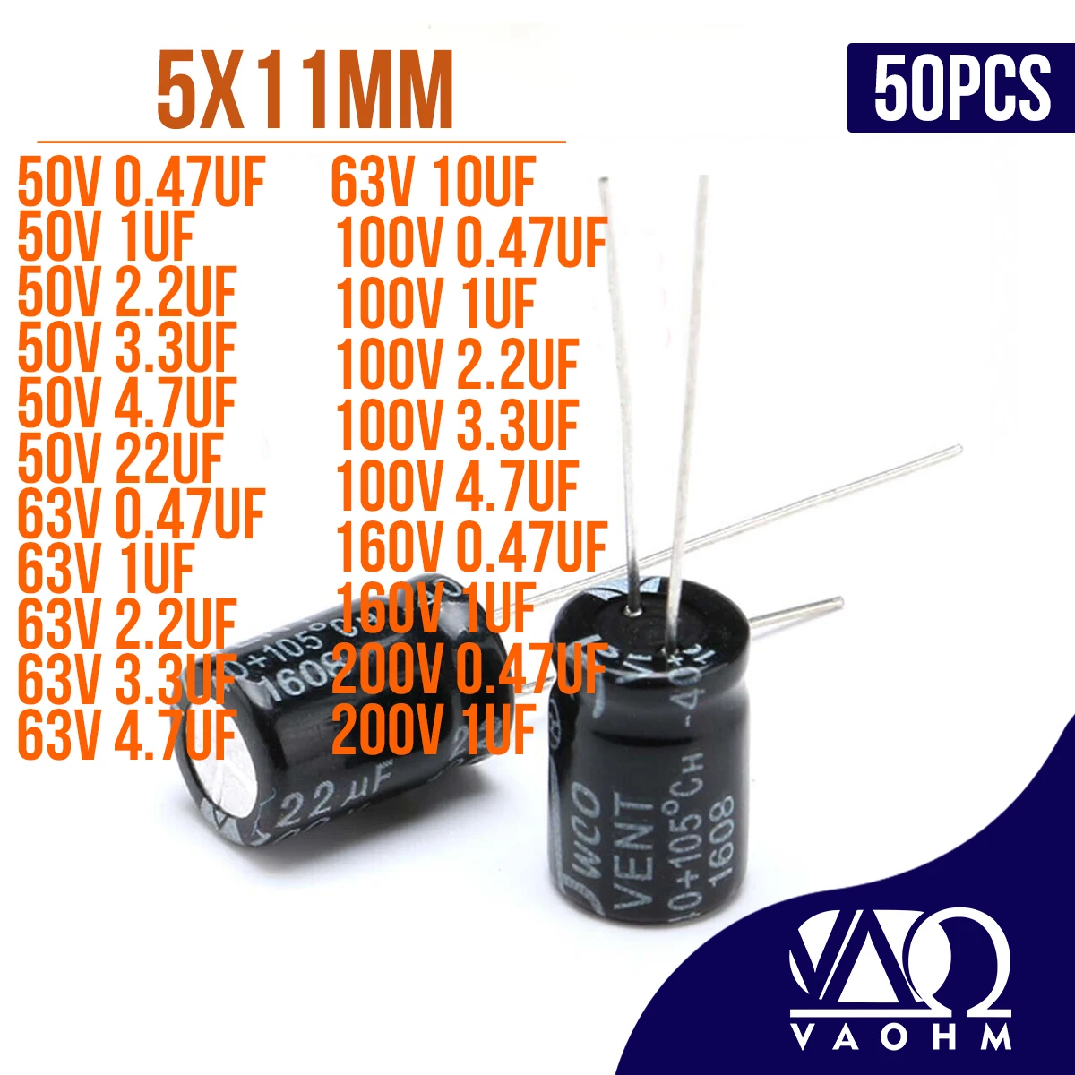 

50PCS 0.47uF 1uF 2.2uF 3.3uF 4.7uF 10uF 22uF 50V 63V 100V 160V 250V Aluminum Electrolytic Capacitor 5*11MM