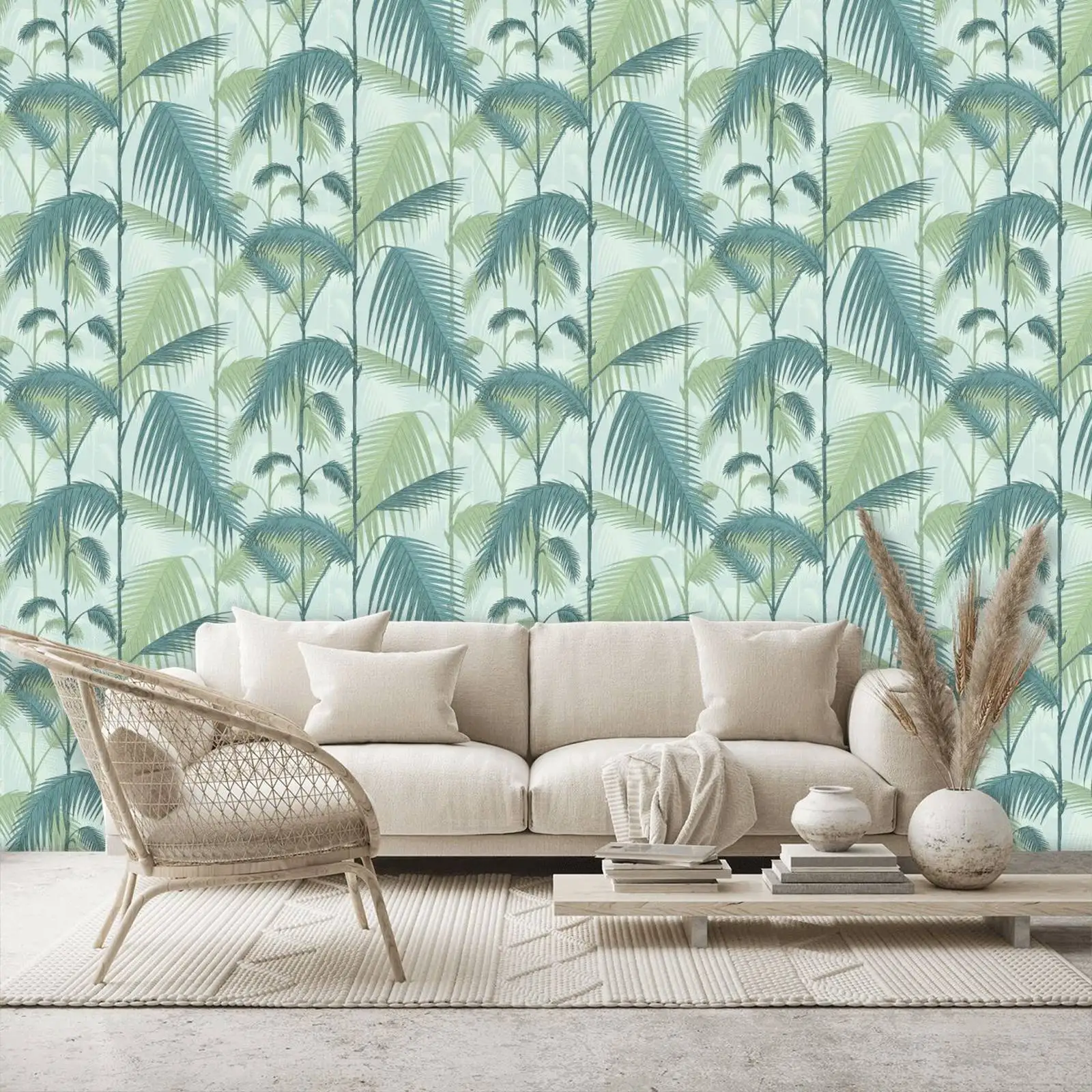 

Palm Jungle Wallpaper in Light Green, Papier peint Palm Leaves, Tropical Botanical Wallpaper in scandinavian style