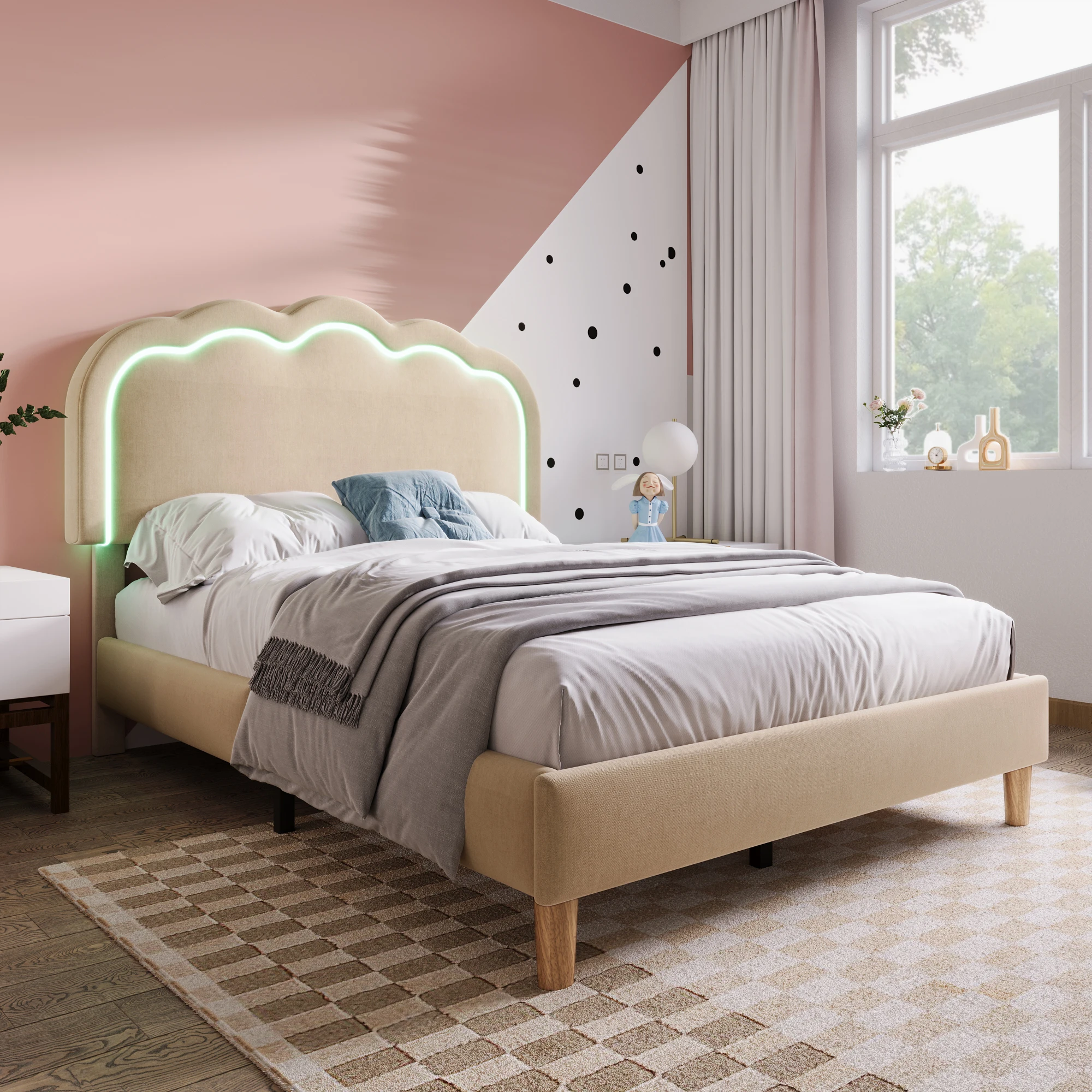 Lit rembourré 90x200 cm avec tête de lit LED, revêtement en lin beige, lit une place avec sommier à lattes, tête de lit réglable 104-109 cm, sans matelas, sans sommier tapissier, pour chambre ou invités