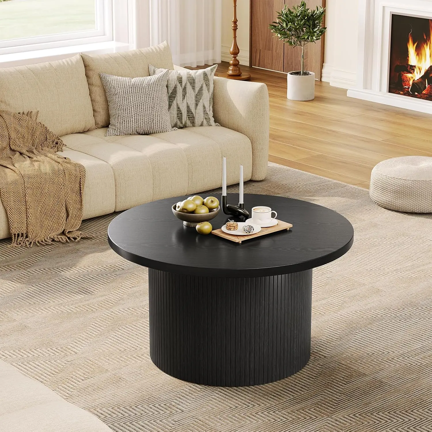 31.5" Modern Round Coffee Table Mid Century, Fluted Tambour Drum Design Engineered Wood Small Center Table for Living Room, Black