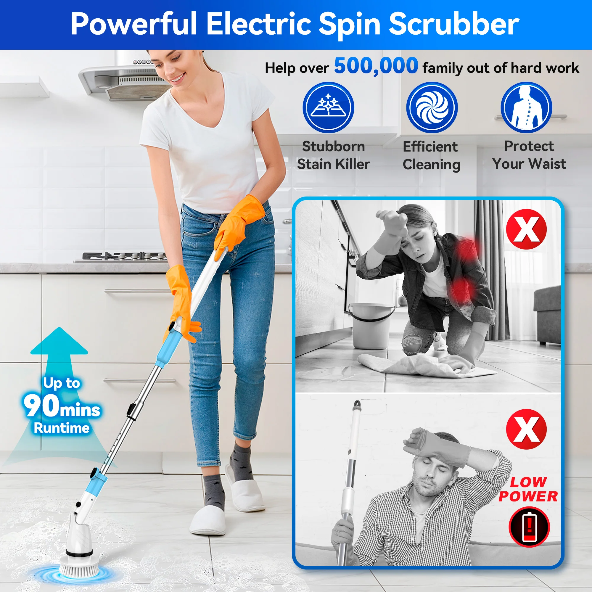 TASVAC EB5 Lavapavimenti elettrico a rotazione, detergente per doccia a batteria 450 giri/min per vasca da bagno, piastrelle, pavimenti, pareti, lavandino