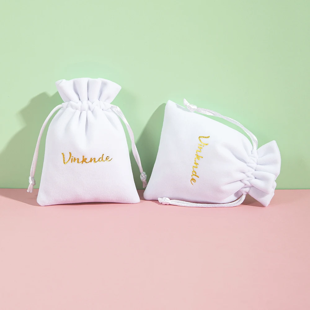 100Pcs Custom White Velvet Drawstring Gift Pouch Bag for Wedding Christmas Party Ring Necklace Jewelry Storage Personalized