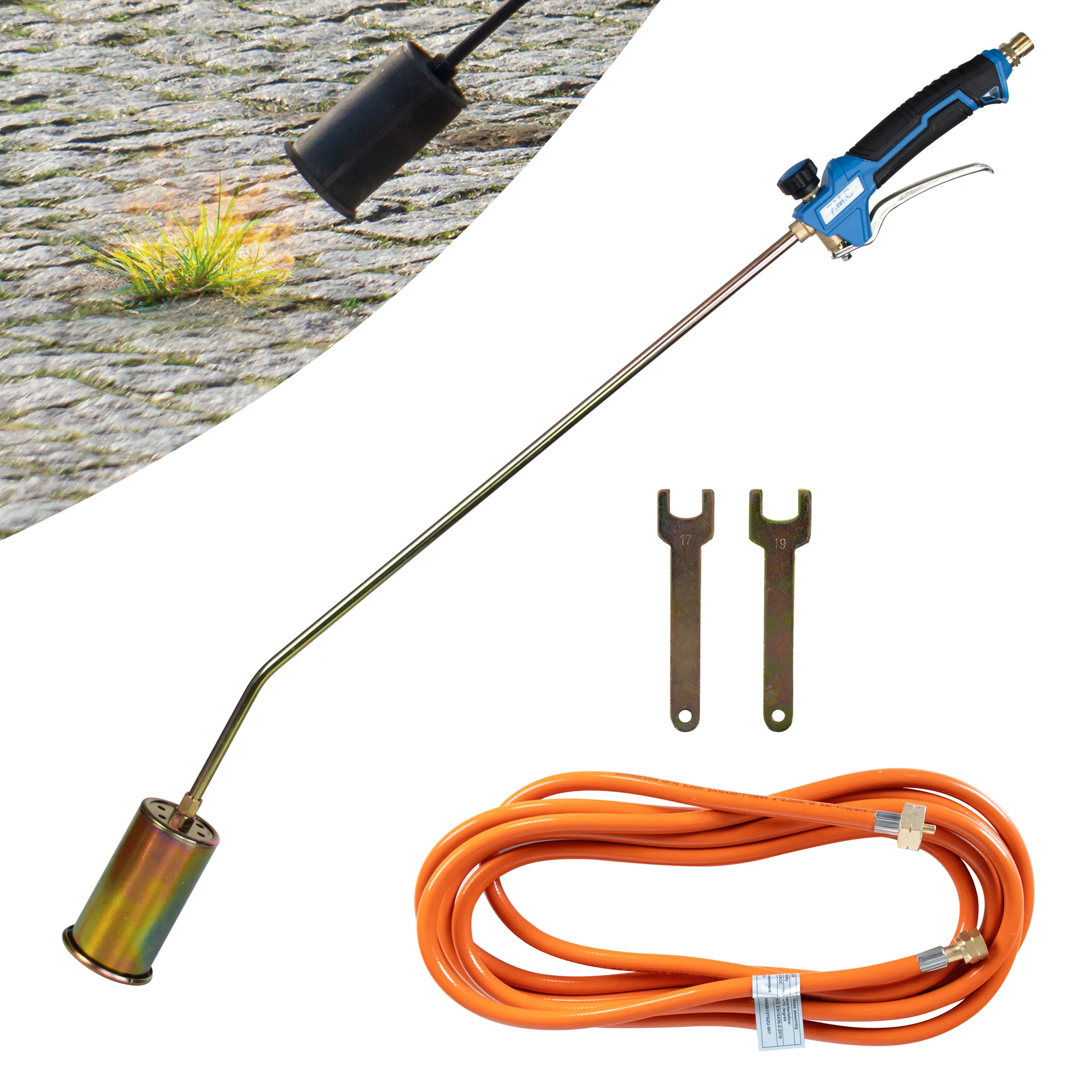 Brûleur à herbe ZMC, appareil à flamme 1850 ° C |   Brûleur Ø 60 mm, puissance 69 kW |   Tube de 90 cm, tuyau de gaz de 5 m, poignée ergonomique |   Inclus Accessoires et clés |   Idéal pour l'élimination des mauvaises herbes, ainsi que pour le jardin, le toit, le bois et l'atelier.