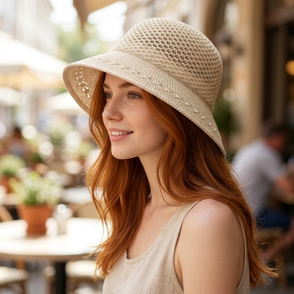 Eleganter Breitkrempiger Gestrickter Fischerhut für Damen - Outdoor-Reise Sonnenschutz Atmungsaktiver Mesh-Bucket-Hat – Detail 5