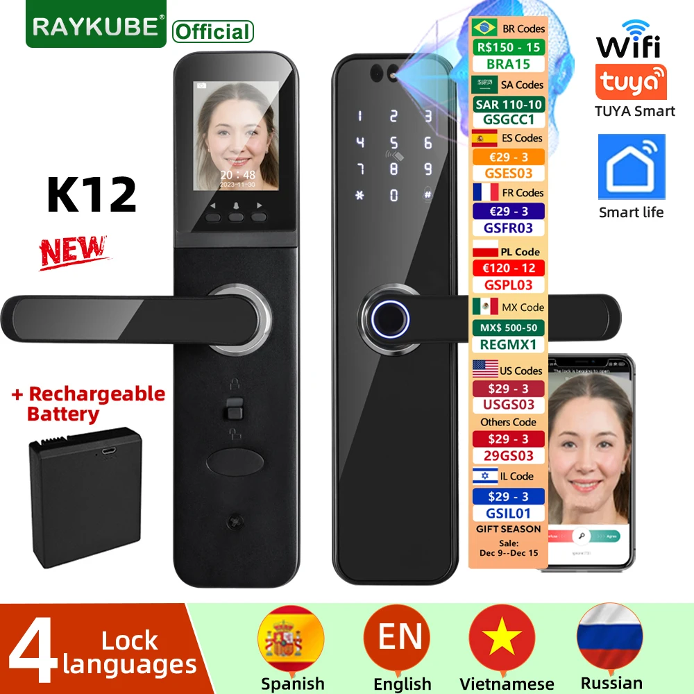 RAYKUBE K12 Tuya WiFi Camera Electronic Lock 3D Face Recognition Fingerprint Smart Door Lock With Screen Rechargeable Battery