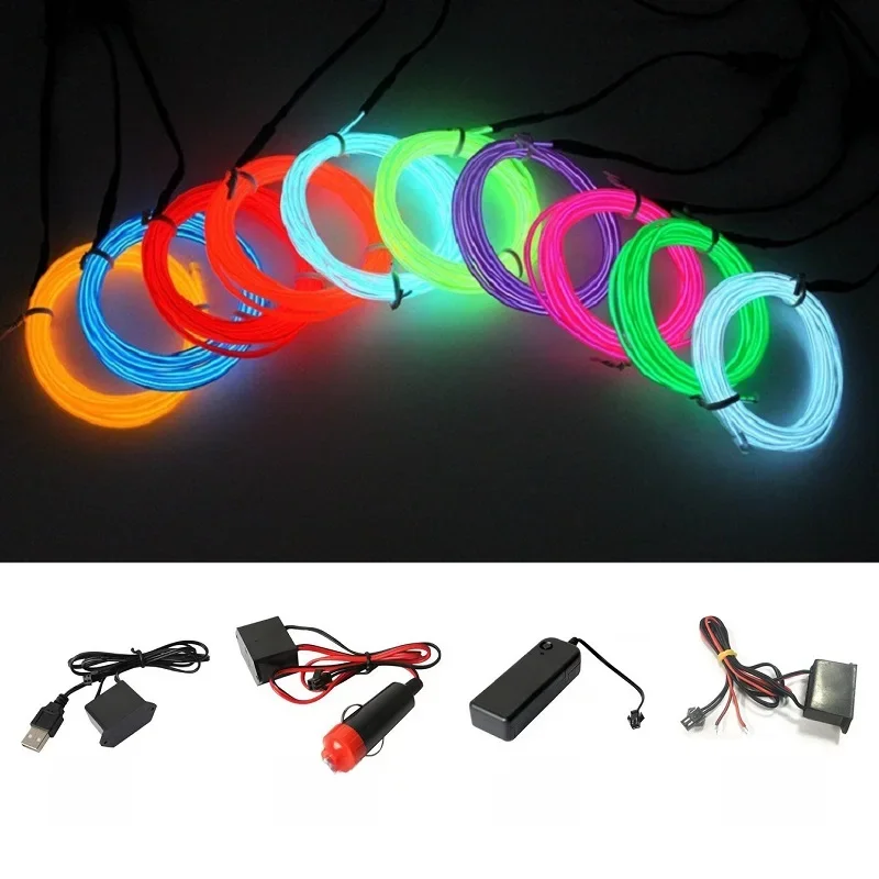 10m/5m/3m/1m 3V Bateria 5V USB 12V Neon Glow EL Drut z adapterem Elastyczna taśma LED do dekoracji samochodów na imprezy taneczne — 2