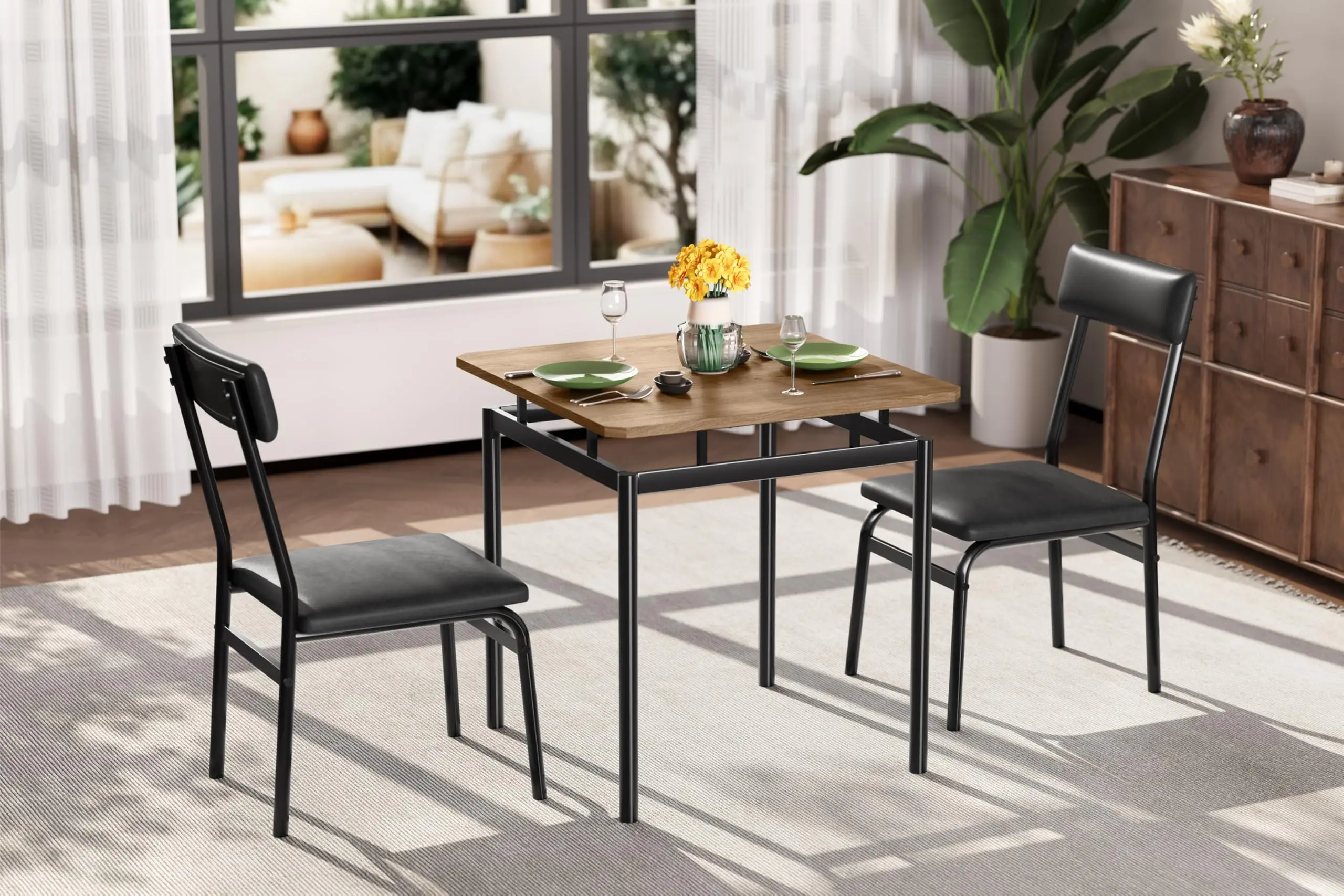 Set da pranzo in 3 pezzi - Tavolo da pranzo moderno con 2 sedie imbottite in PU, struttura in metallo, piano in MDF - Resistente e facile da pulire, p