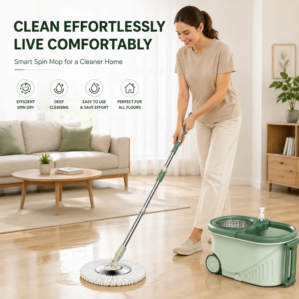 Spin Mop and Bucket with Wheels, Microfiber Rotating Floor Mop Set with Wringer, Built-in Soap Dispenser, Stainless Steel Basket, Household Floor Cleaning Mop for Tile Hardwood
