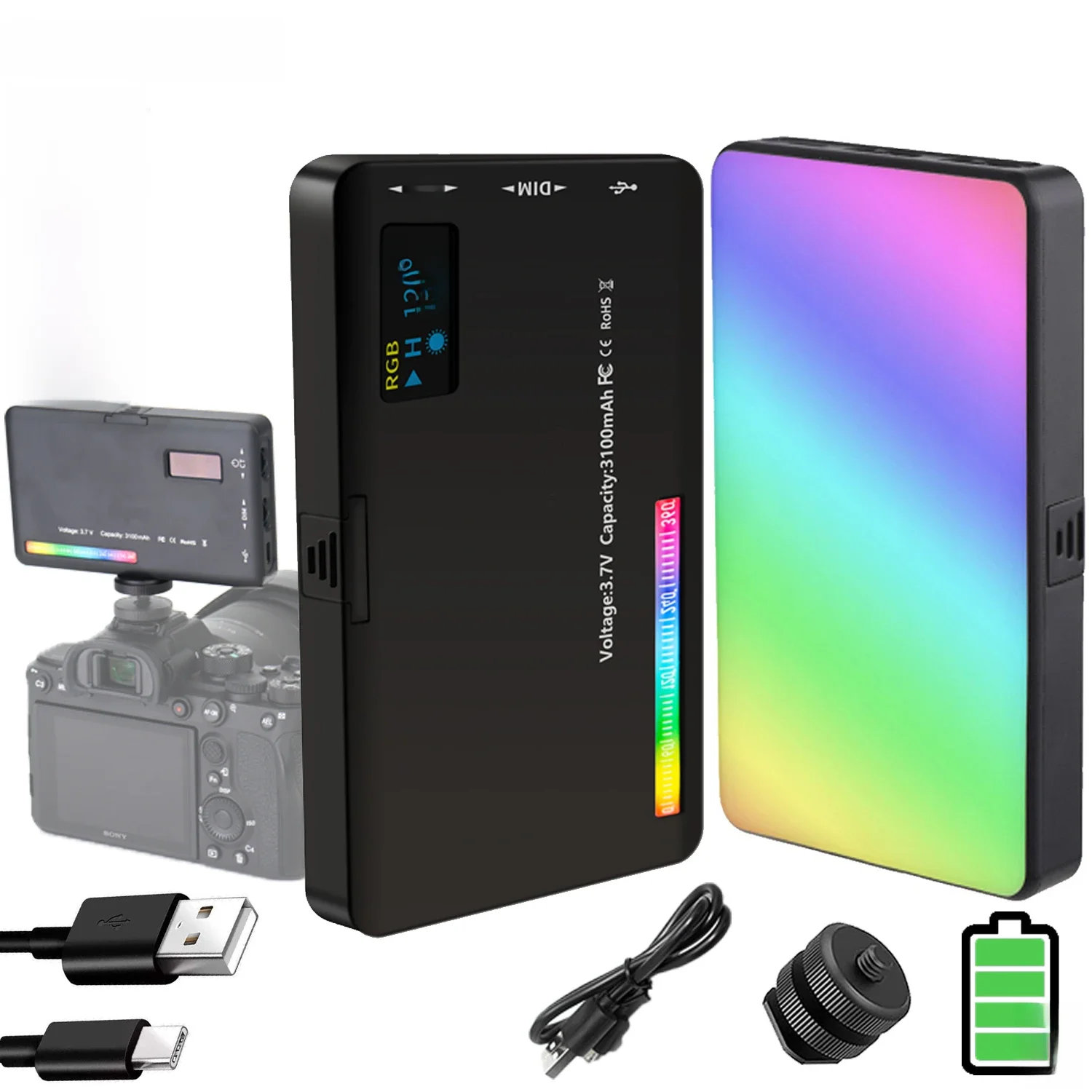 Iluminação LED para Câmeras, Painel nas Cores Vermelha, Verde e Azul, RGB, Luz Bicolor Regulável