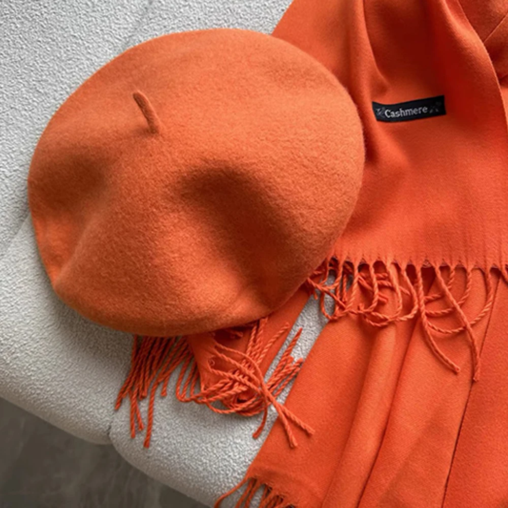 Wool Beret Orange~Star Style Wool Beret Korean Women's Autumn/Winter Cashmere Scarf Set British Belle Painter Hat크리스마스 모자 view 6