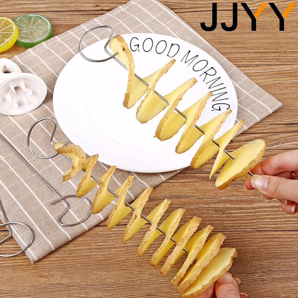 JJYY 1Set/6PCS  Stainless Steel Potato Twister Tornado Slicer Manual Cutter Spiral Chips Kitchen Cooking Maker