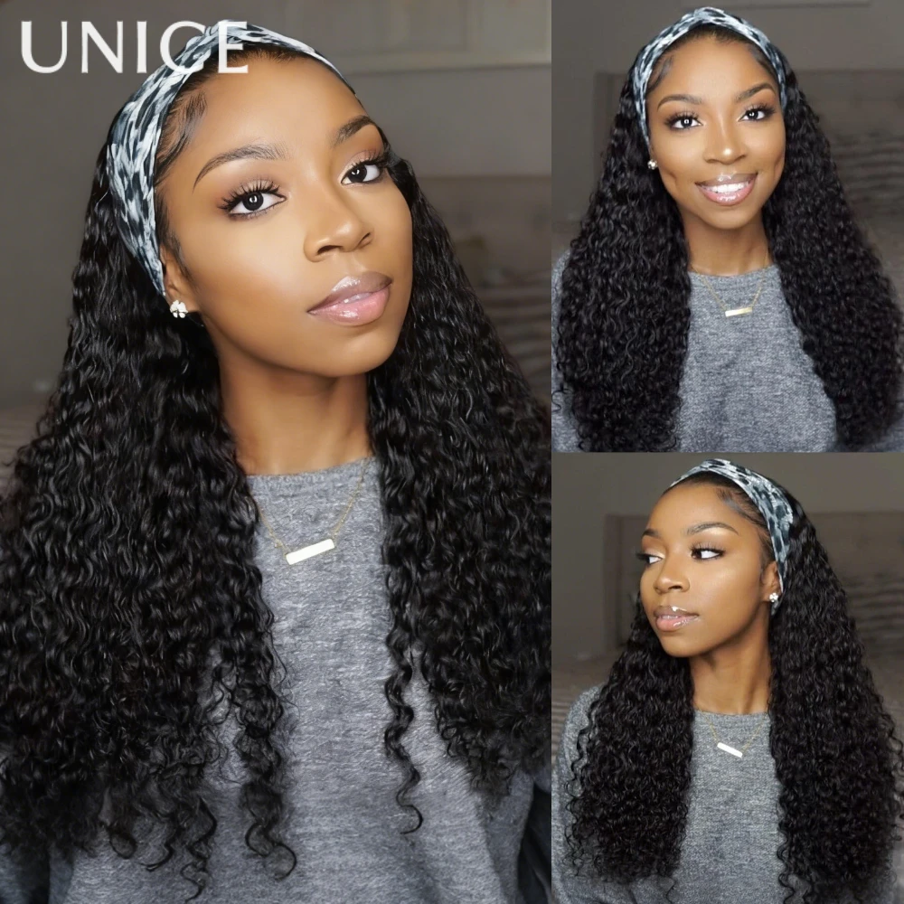 

UNICE Upgraded Mesh Lace Water Wave Headband Wig With Drawstring 100% Human Hair Scarf Wig No Glue No Lace Fit All Head Sizes