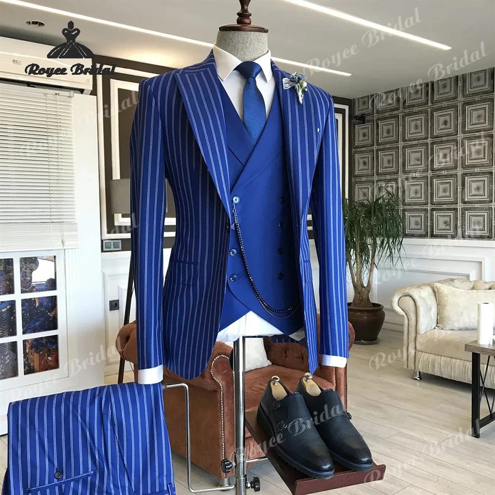 Abito da uomo monopetto in tre pezzi a righe blu da sposa 2026 Abito da ballo da sera con risvolto a punta Abiti personalizzati para hombre