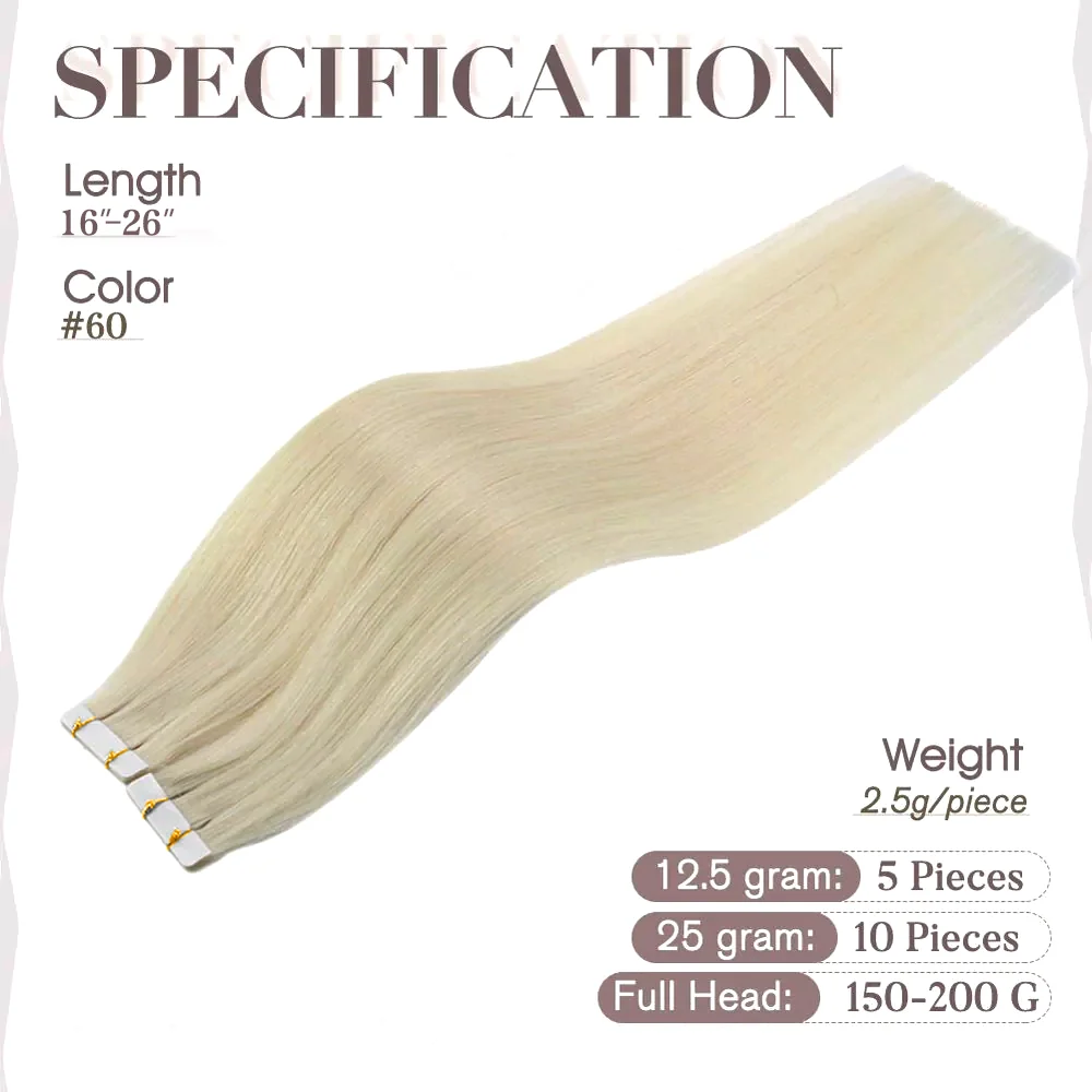 Tape in Straight Platinum Blonde Extensions Tape in Real Hair Extensions Blonde Human Hair Straight Thick Hair 20Pieces/50Grams