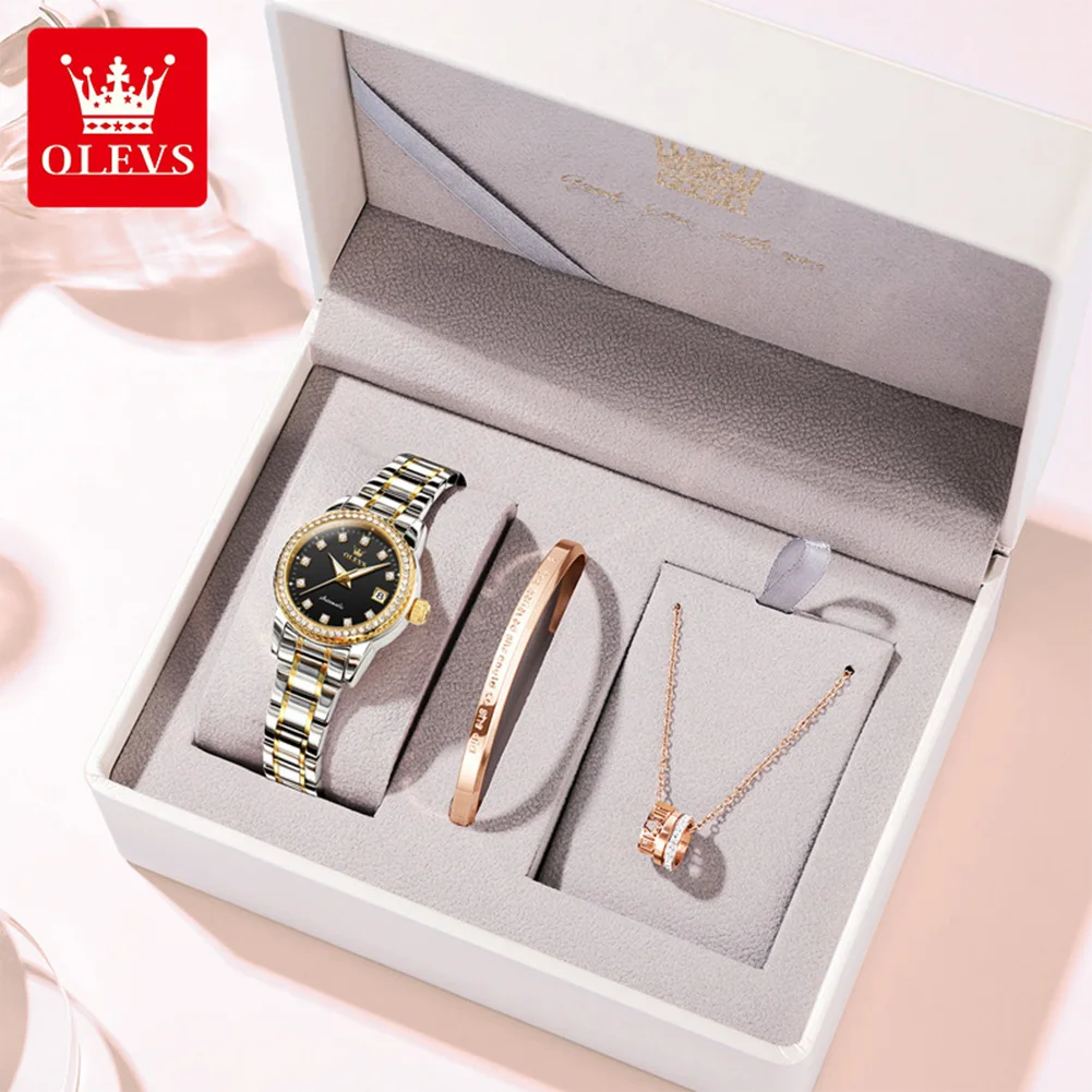 ساعة OLEVS 7003 للسيدات ميكانيكية أوتوماتيكية مقاومة للماء بحزام فولاذي ساعة يد فاخرة للنساء هدية عيد الميلاد #4