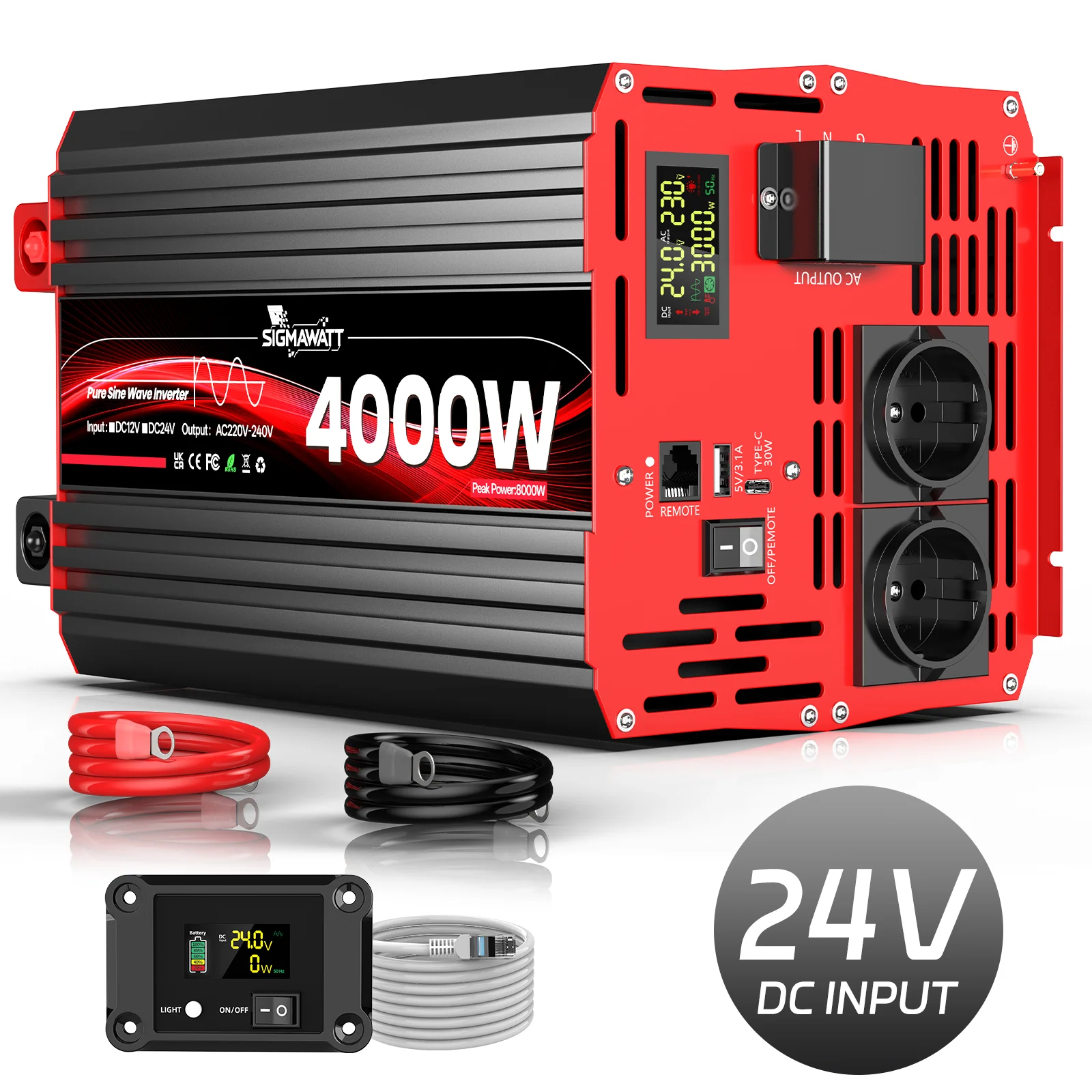 Zuivere Sinusgolf Omvormer DC 12V 24V AC 230V 4000W Nominaal 8000W Piekmacht LCD Afstandsbediening USB Type-C Auto voor Off-Grid Kamperen