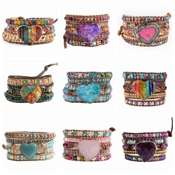 Fashion Mixed Color Natural Stone Bracelet For Women Chakra Heart Shape Wrap Leather Chain Bracelet&Bangle Charm Jewelry