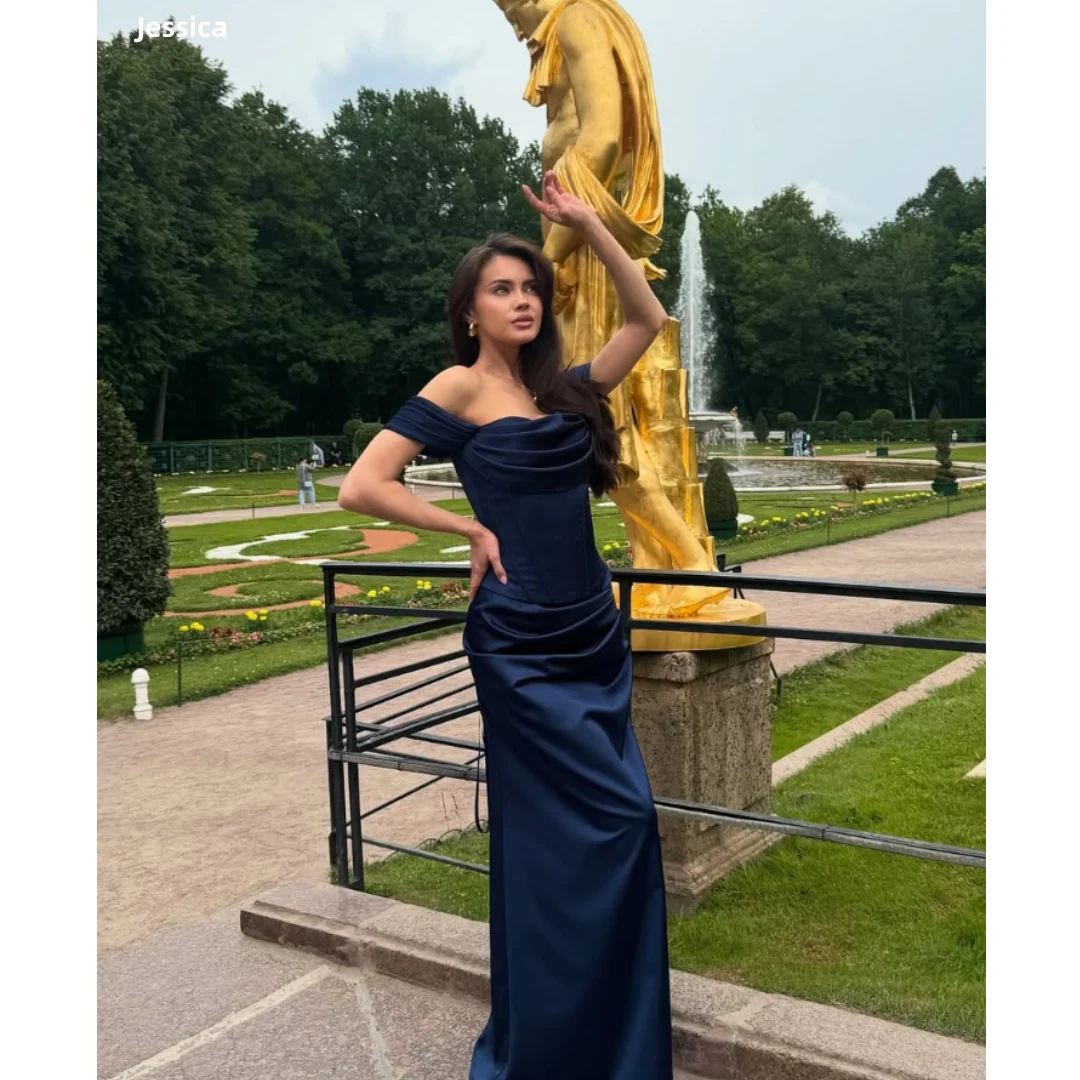 Abiti da sera Jessica Navy Abiti da ballo in raso di seta rugosa Abiti da festa di nozze con spalle scoperte a sirena sexy personalizzati
