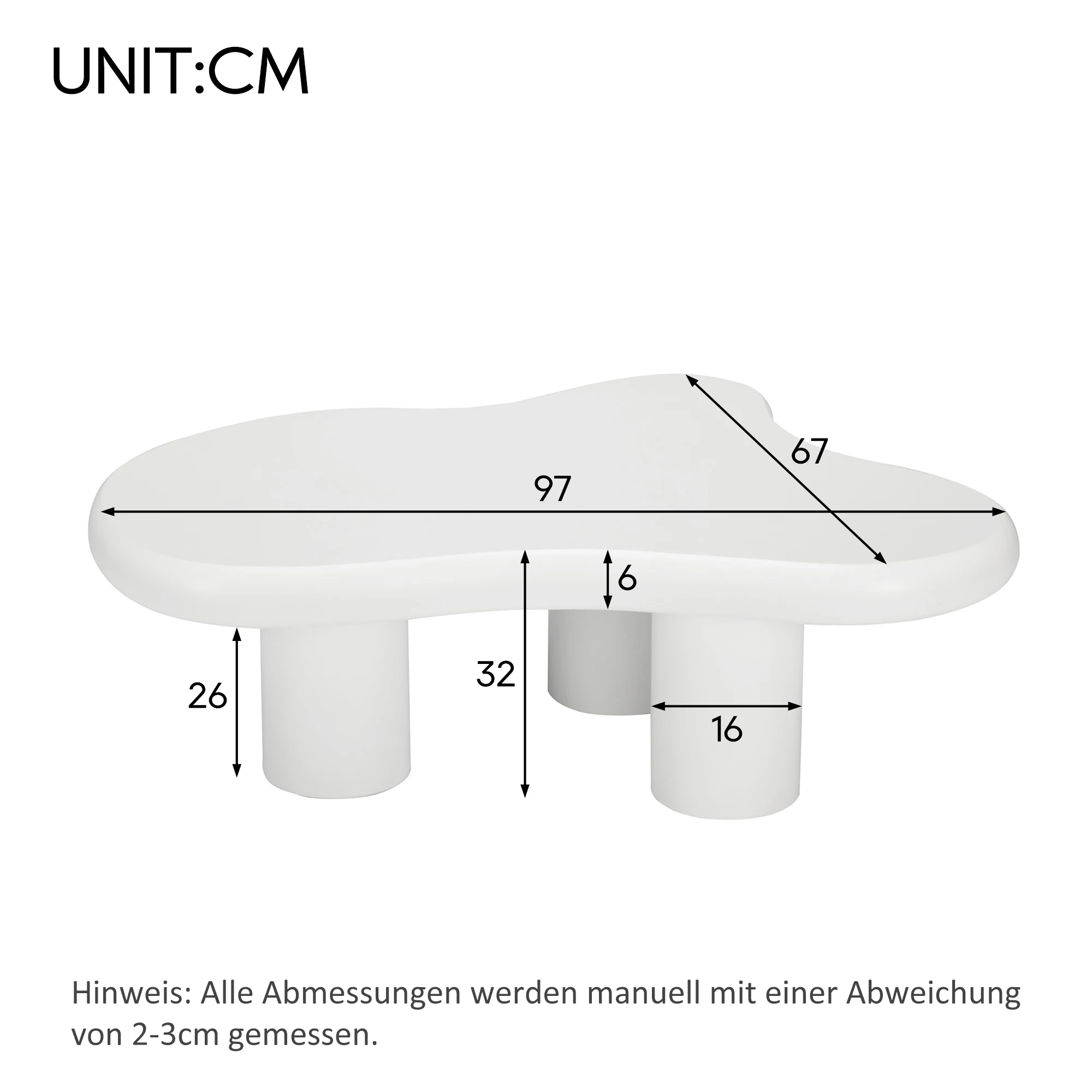 Table basse en forme de nuage 97x67x32cm, table basse irrégulière en MDF pour salon, surface laquée blanche, table centrale moderne et créative avec coussinets en feutre, protection contre les rayures, table basse légère