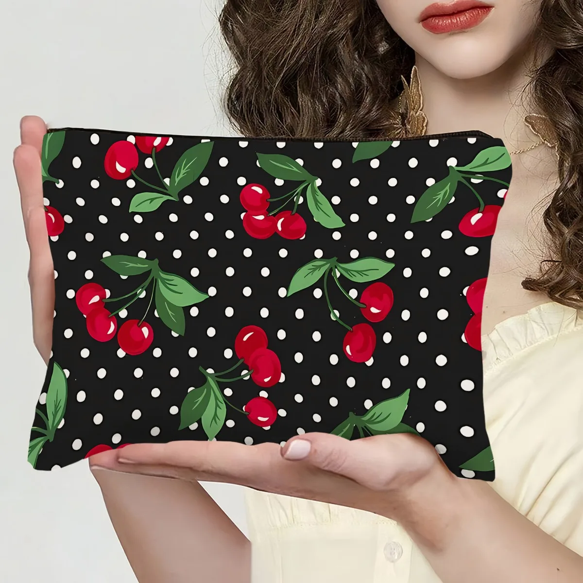 1Pc Black Travel Makeup Bag with Red Cherry and Green Leaf Vintage Design, Multifunctional Snack Storage Bag, Stationery Storage Bag, Fashionable Toiletry Bag, Canvas Double-Sided Printed Zipper Pouch