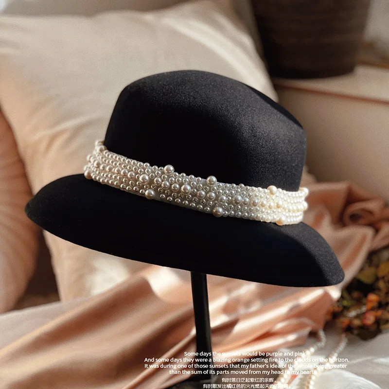 

Женская рыбацкая шляпа, осенне-зимняя шляпа из чистой шерсти с жемчугом, французская Хепберн, элегантная фетровая шляпа в стиле ретро, церковная шляпа, купольная рыбацкая шляпа