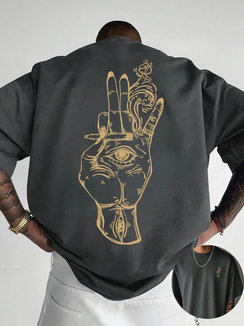 Fashionable new men's summer finger cigarette totem smart print soft and breathable round neck T-shirt outdoor urban casual top