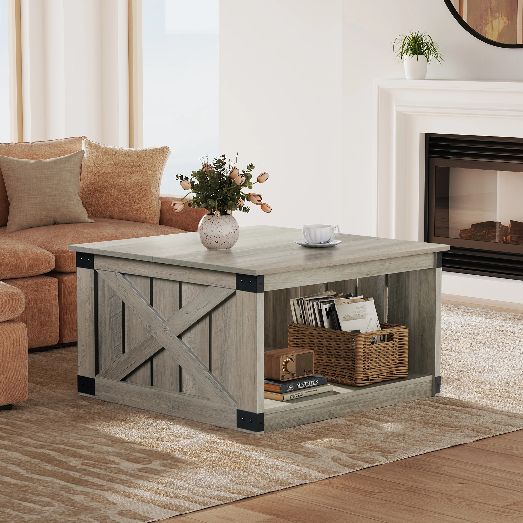 Coffee Table, Farmhouse Coffee Table with Open Storage, 31.5" Wood Square Living Room Tables, Rustic Dining Cocktail Center Table for Living Room, Greige image 4
