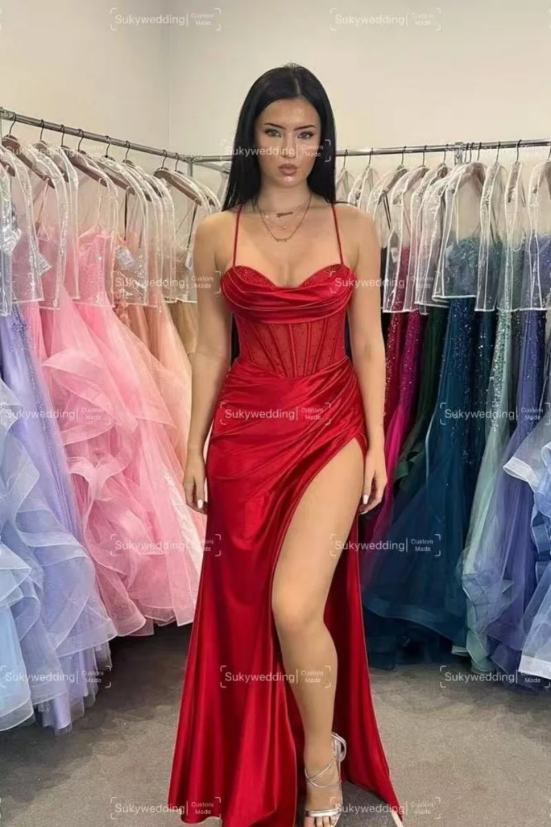 Vestidos de fiesta de sirena con cuentas verdes de cazador sin tirantes sexys con hendidura transparente vestidos de noche de cumpleaños personalizados