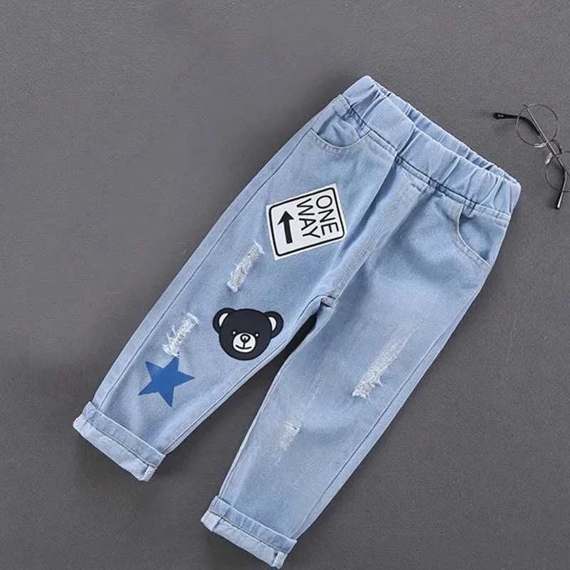 Kinder Jeans Jungen Baumwolle Druck Splice Stretch Denim Hosen Koreanische Teenager Hosen Tragen Kinder Kleidung DenimRipped Frühling Autum