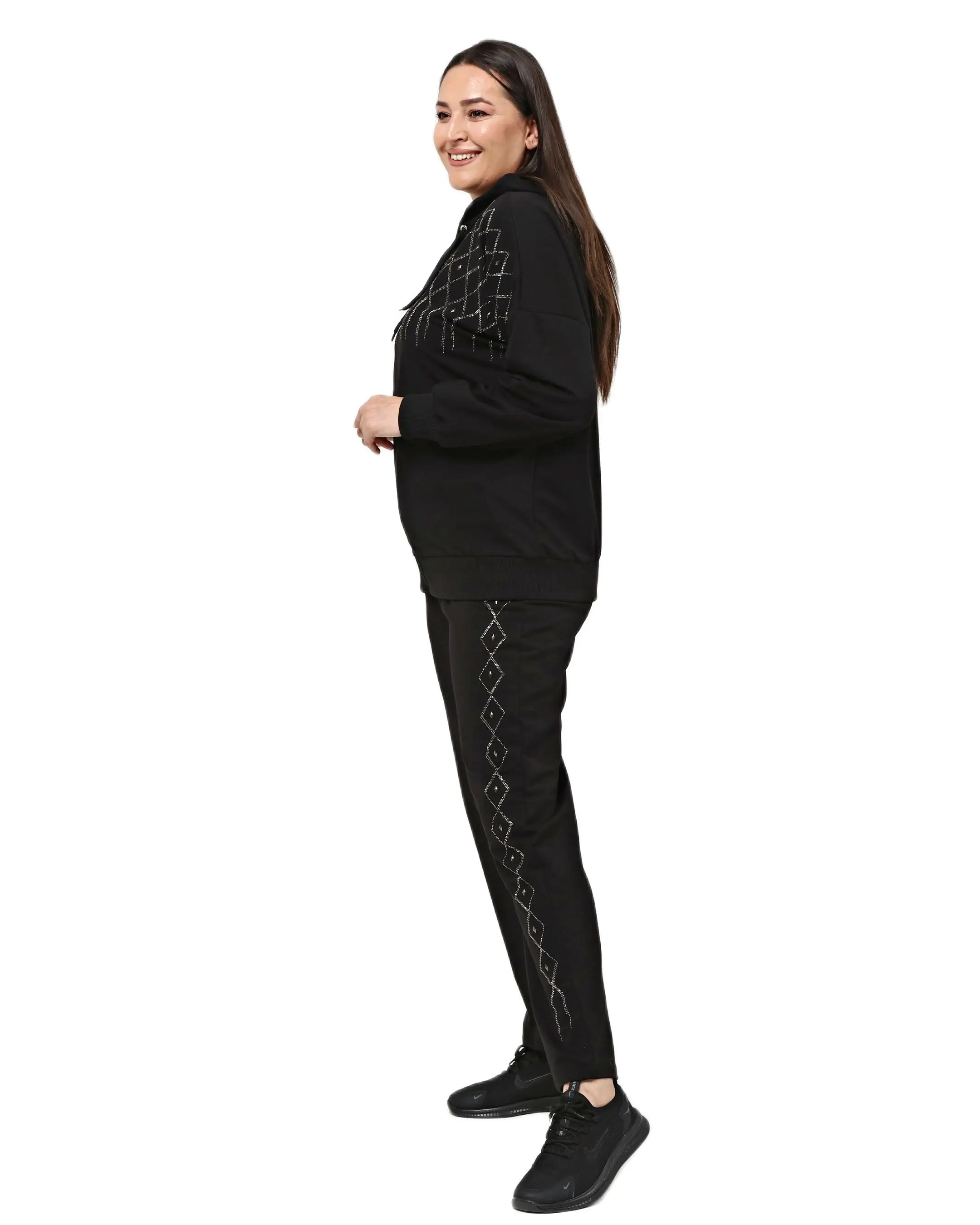 Ensemble de survêtement noir grande taille pour femmes, survêtement 2 pièces imprimé pierre de losange, conçu et fabriqué en turquie, nouvelle collection