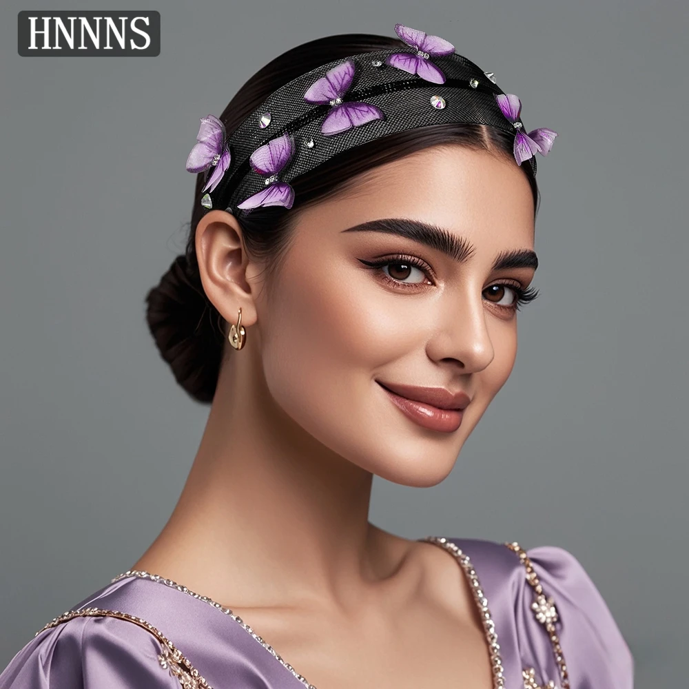 

HNNNS Purple Butterfly Headband Crystal Black Mesh Wide Headwear Trendy Bride Headdress Atmosphere Girl Hair Accessories A158