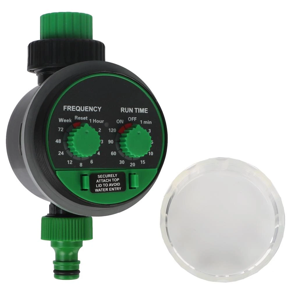 Garden faucet programmer with electronic irrigation timer, irrigation time 1 to 120 minutes.