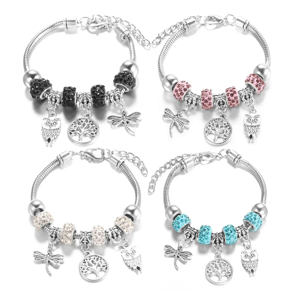 Charm-Anhänger mit Baum des Lebens, Perlen-Strass-Armreif, Hummer-Schnalle, verstellbare Schlangenkette, 5-farbige Libelle, Eule, Armband, Schmuck