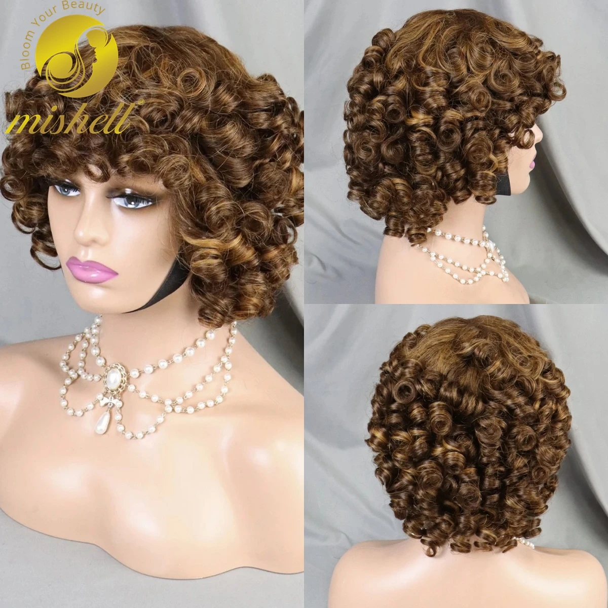 Destaque Perucas de Cabelo Humano Encaracolado Bouncy com Franja, Peruca Curta Afro Kinky, Máquina Completa, Cabelo Remy Brasileiro Colorido, 200%