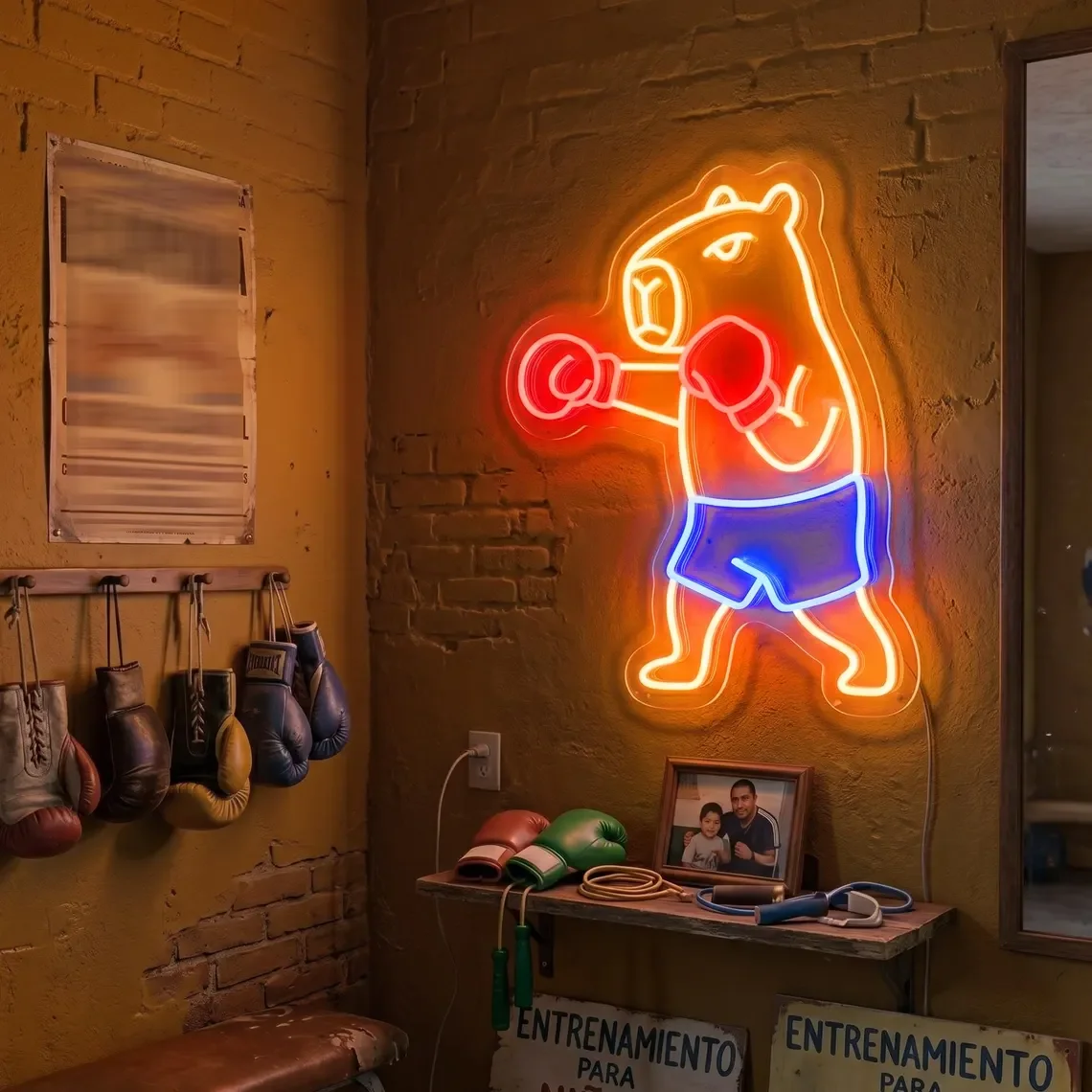 Boxing Capybara Neon Sign, Custom Gym Wall Decor, Retro Boxing Studio Man Cave Decor, Fitness Lover Gift
