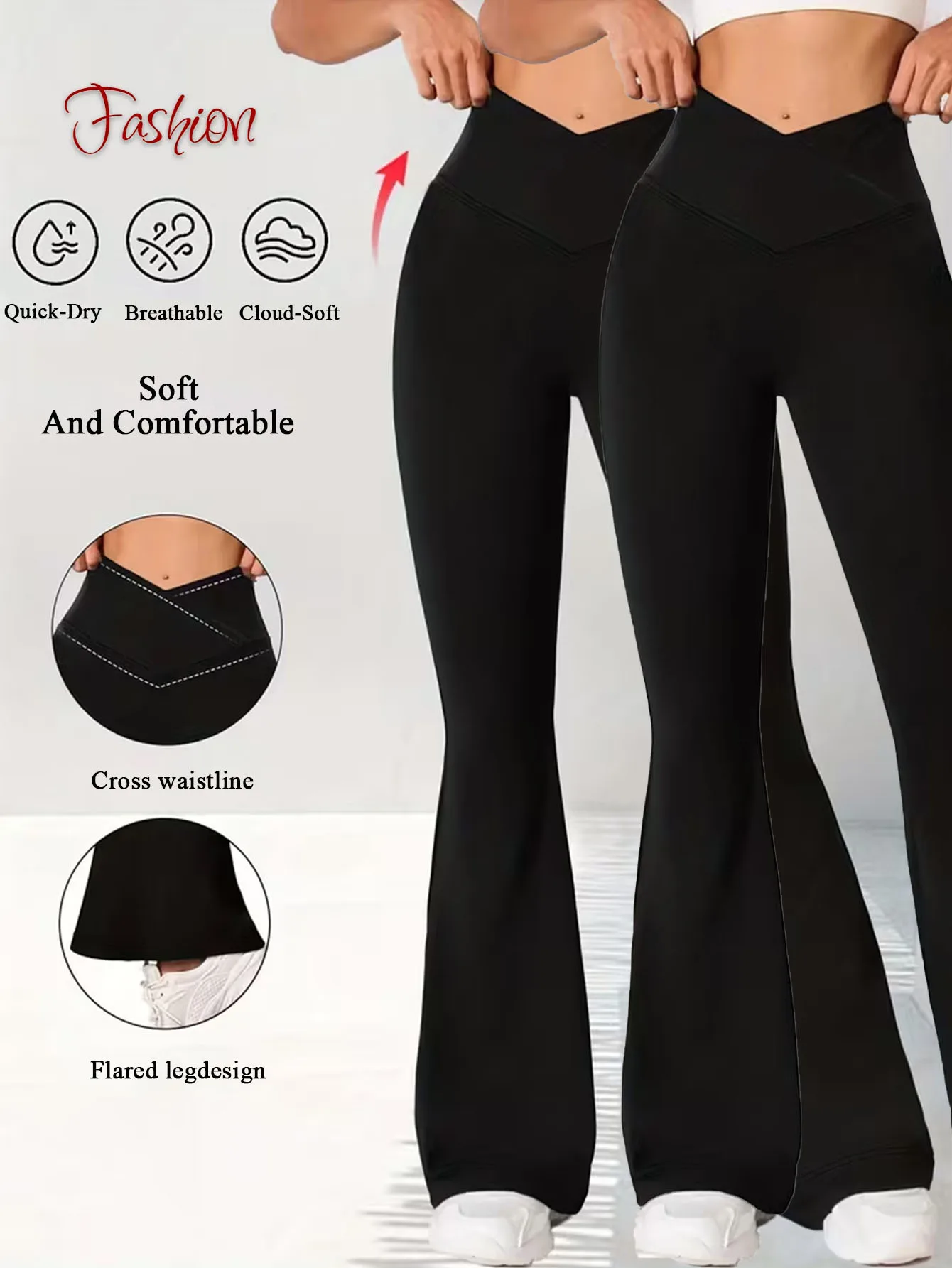 

Комплект из 2-х пар женских леггинсов с V-образным вырезом на талии, расклешенными штанинами, высокой талией, эффектом коррекции живота, для йоги, фитнеса и тренировок, широкие брюки-клеш для спортзала