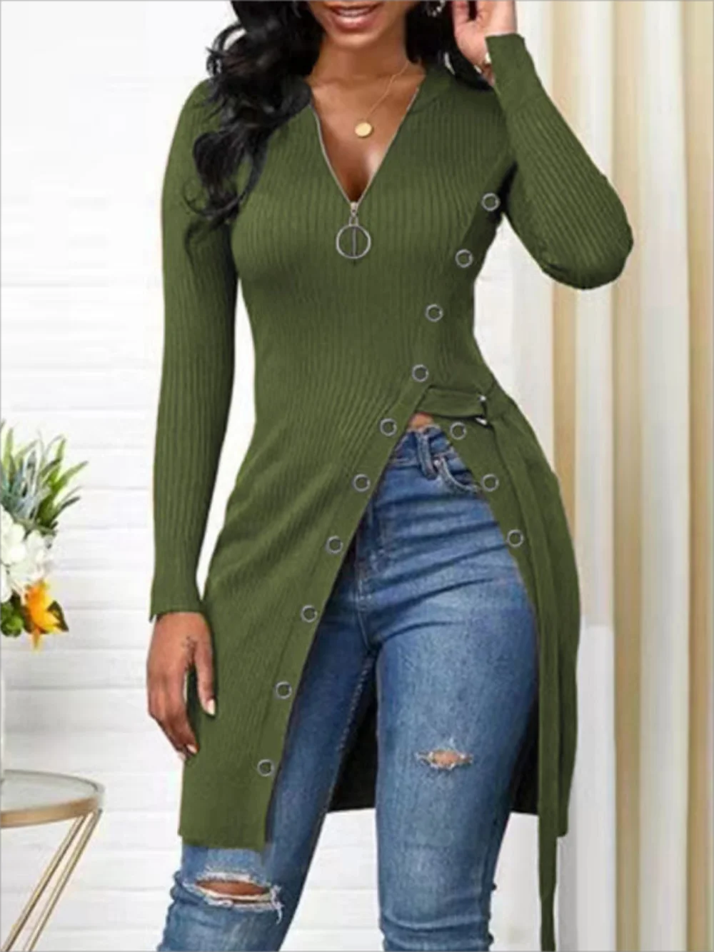 New European and American Women\'s V-neck Long Sleeve High Slit Threaded Zipper T-shirt Tops