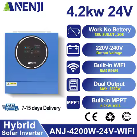 4.2KW 24V Dual Output Hybrid Solar Inverter On-grid/Off-grid Pure Sine Wave 50Hz Built-in Wifi &amp; 100A MPPT For PV 500V BMS RS485