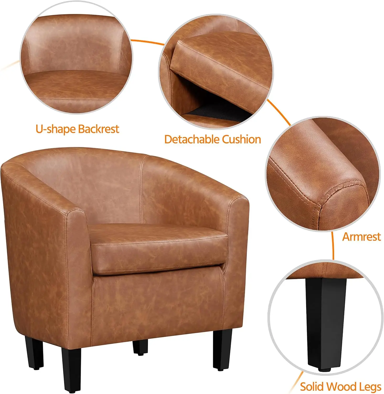 Accent Chairs Set of 2, Faux Leather Barrel Chairs Comfy Club Chairs, Modern Leather Armchairs with Soft Seat for Living Room image 2