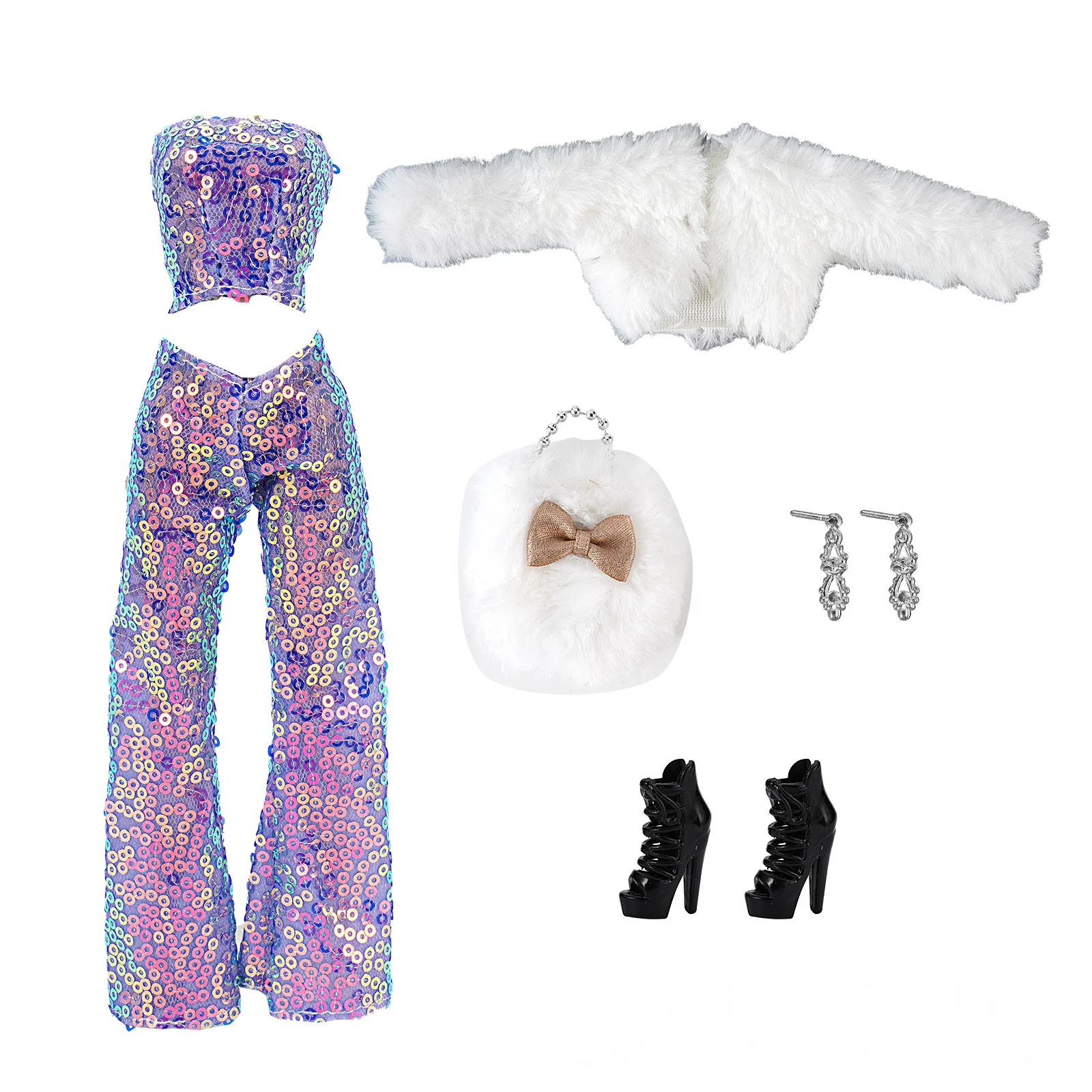 New style winter doll outfit set suitable for 30CM/11.5-inch dolls: plush vest, sequined pants, and bag.
