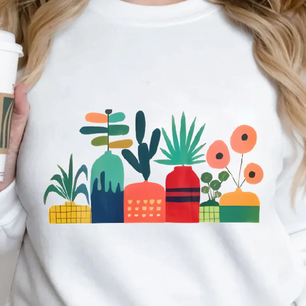 Potted Plants Sweatshirt Colorful Botanical Design Casual Loose Long Sleeved Unique Relaxing Cute Aesthetic Soft Comfortable Top