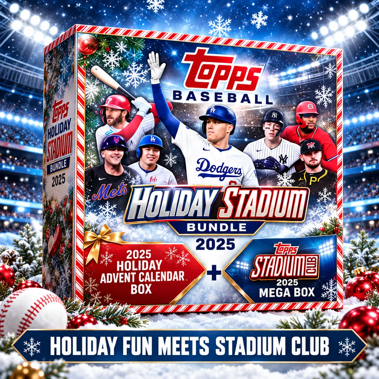 2025 Topps Holiday Baseball Advent Calendar Box With Topps Stadium Club Baseball Mega Box, 42 Total Packs Featuring 2 Foil Stamped Buyback Cards, Look for 20 Parallels And Inserts on Average