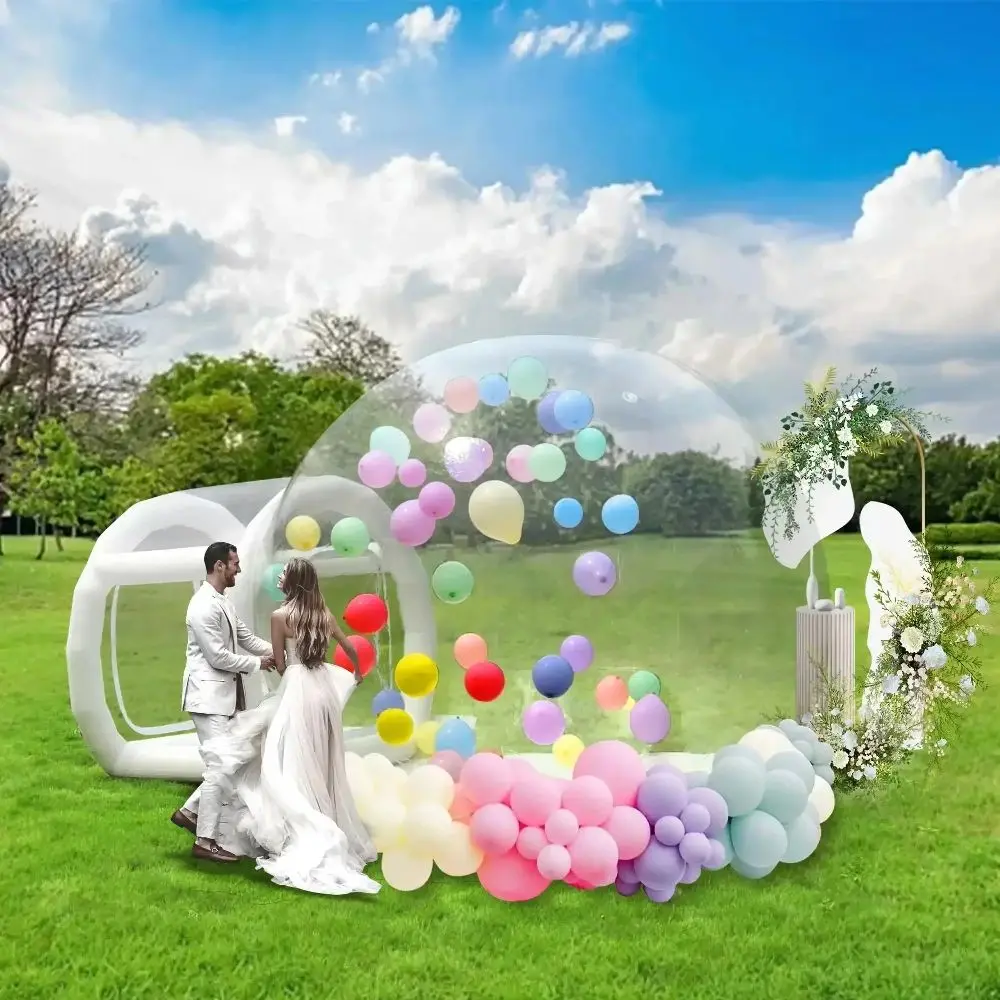 Tente bulle gonflable transparente, installation rapide, livrée avec un souffleur, idéale pour le camping en plein air, les fêtes et les décorations de vacances.
